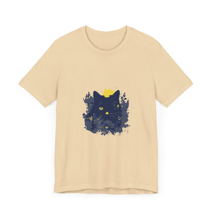 Black Cat Mystery T-Shirt featuring a whimsical design of colorful flowers