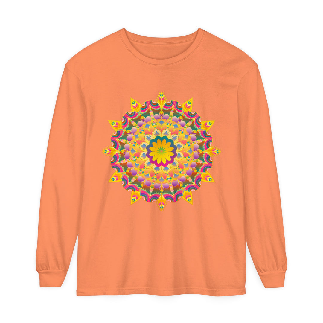 Colorful and intricate psychedelic mandala design on long sleeve t-shirt