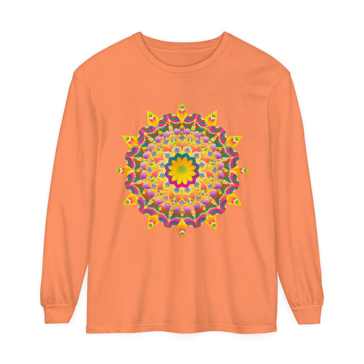 Colorful and intricate psychedelic mandala design on long sleeve t-shirt