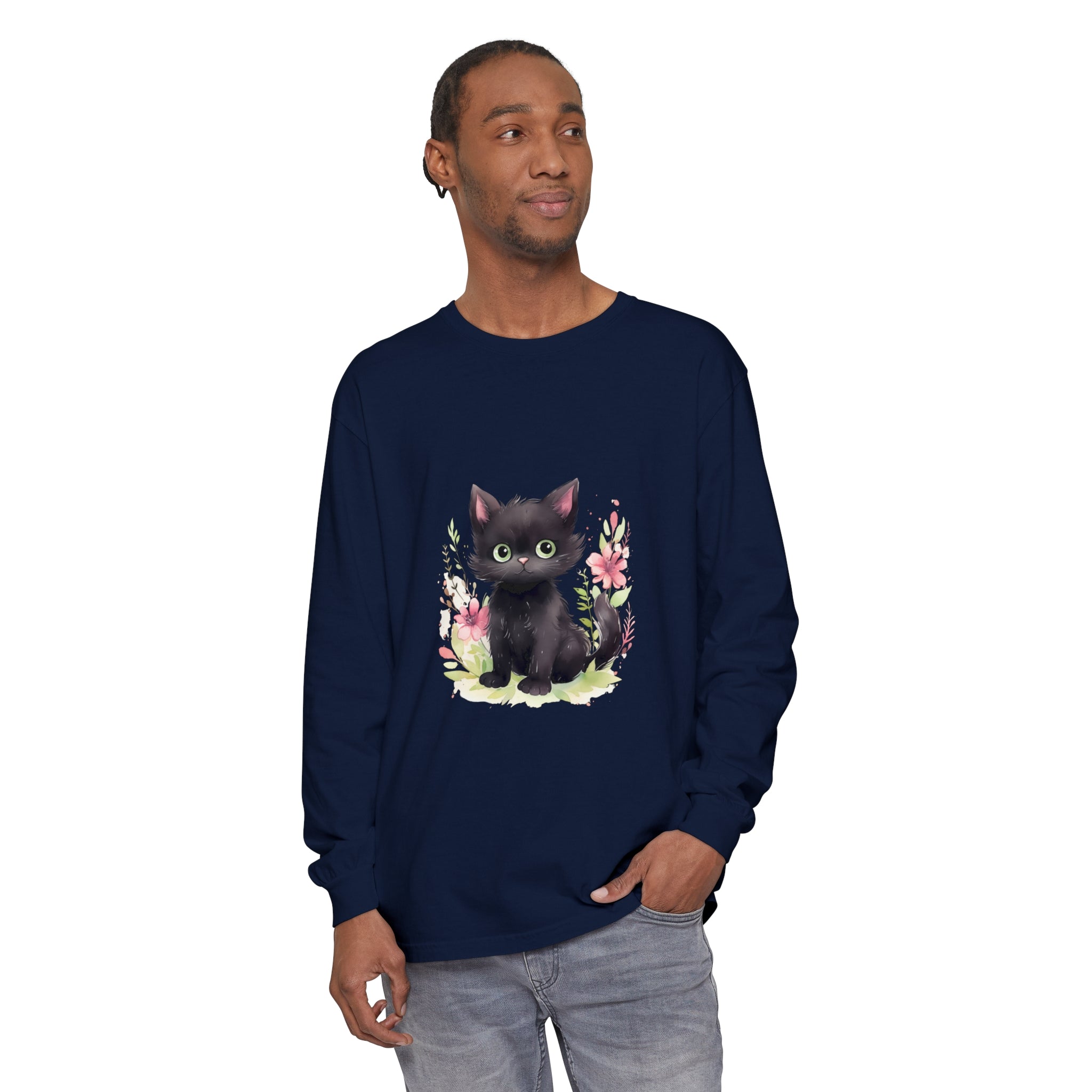 Adorable white kitten playing in a field of colorful watercolor flowers on a comfortable and stylish t-shirt