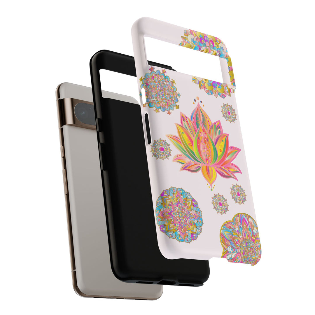 Light pink phone case with a mandala design featuring a beautiful lotus flower