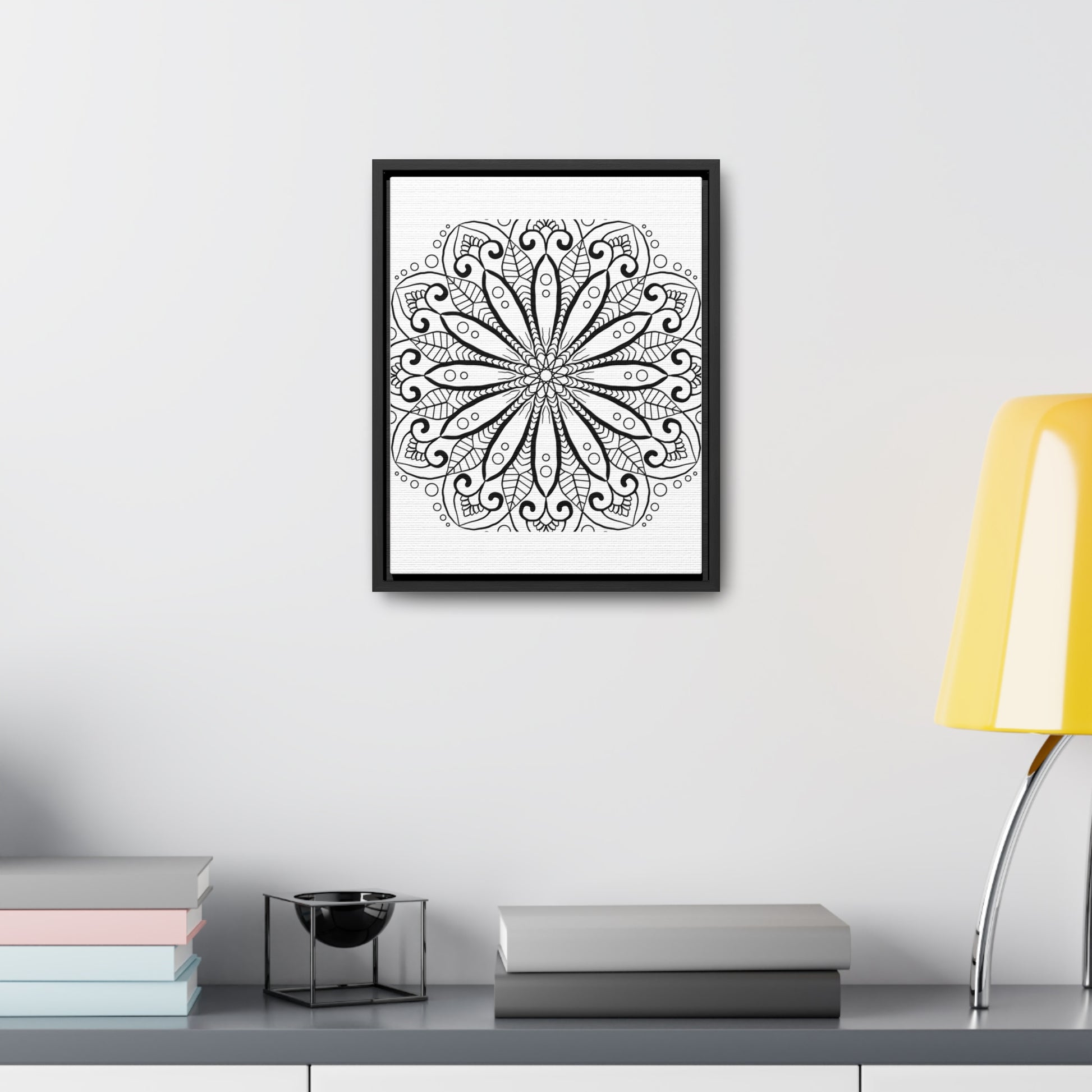 Vertical frame mandala art in black and white