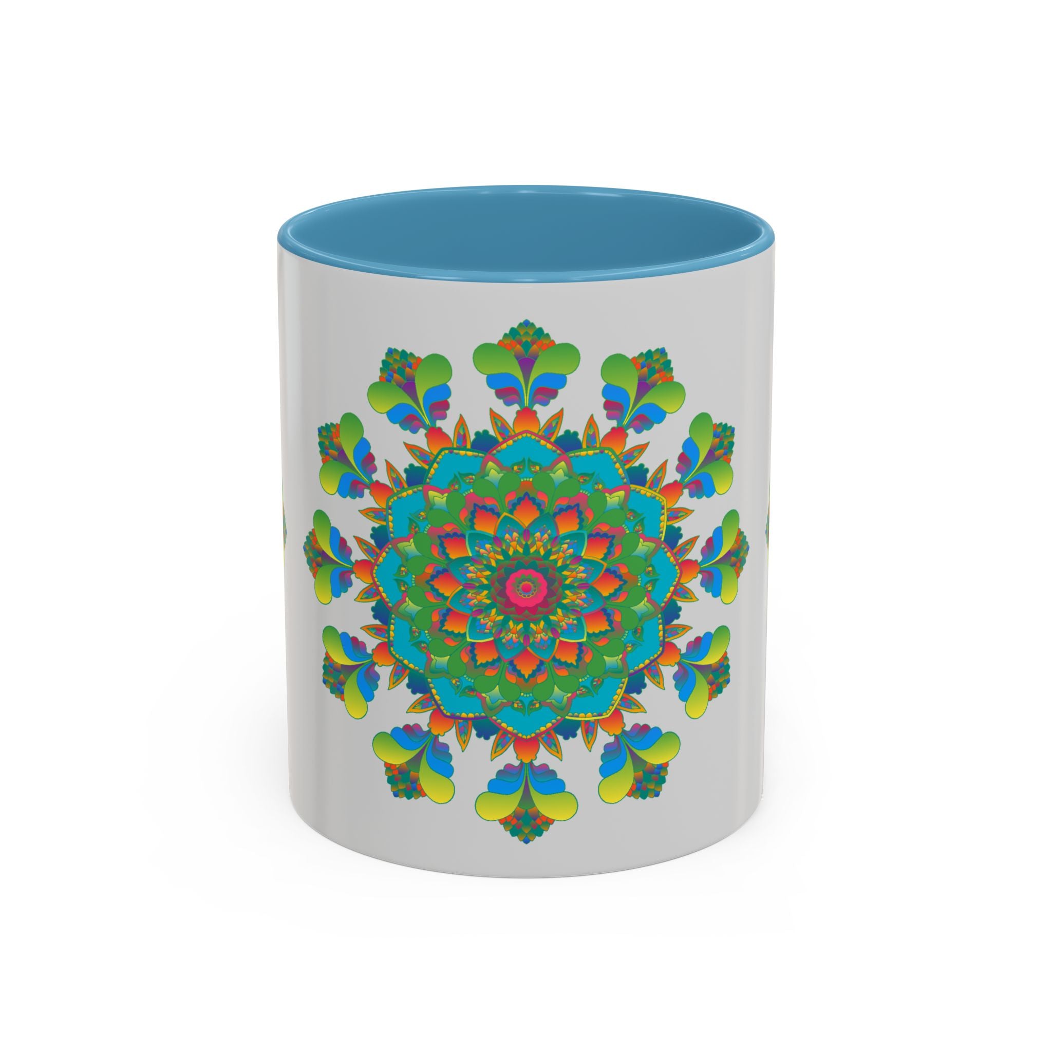 Colorful mandala art mug with vibrant red, blue, and yellow designs on a grey background