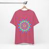 Vibrant and intricate mandala design t-shirt, featuring psychedelic art in a variety of bold, colorful hues