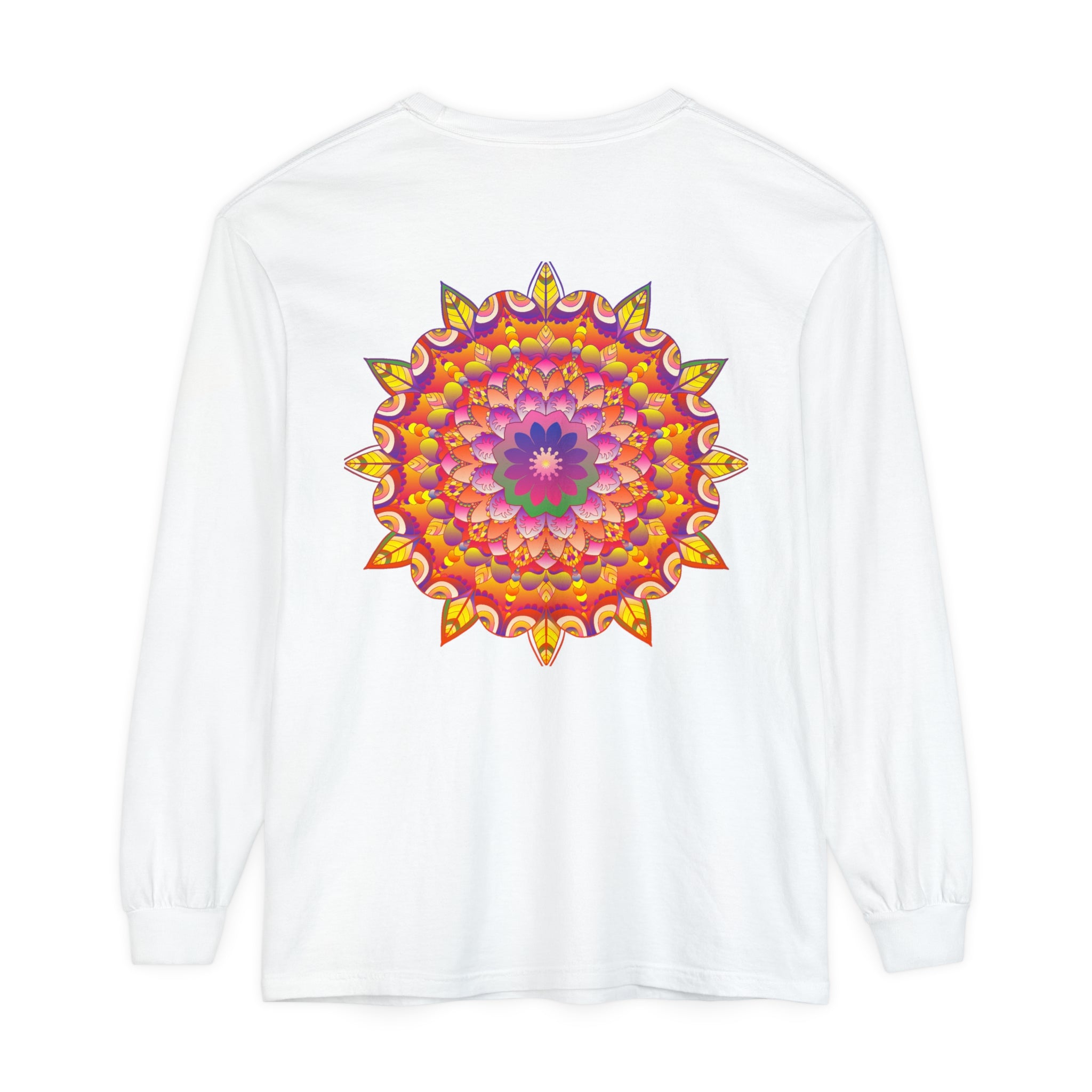 Colorful and intricate mandala design long sleeve unisex t-shirt in vibrant hues