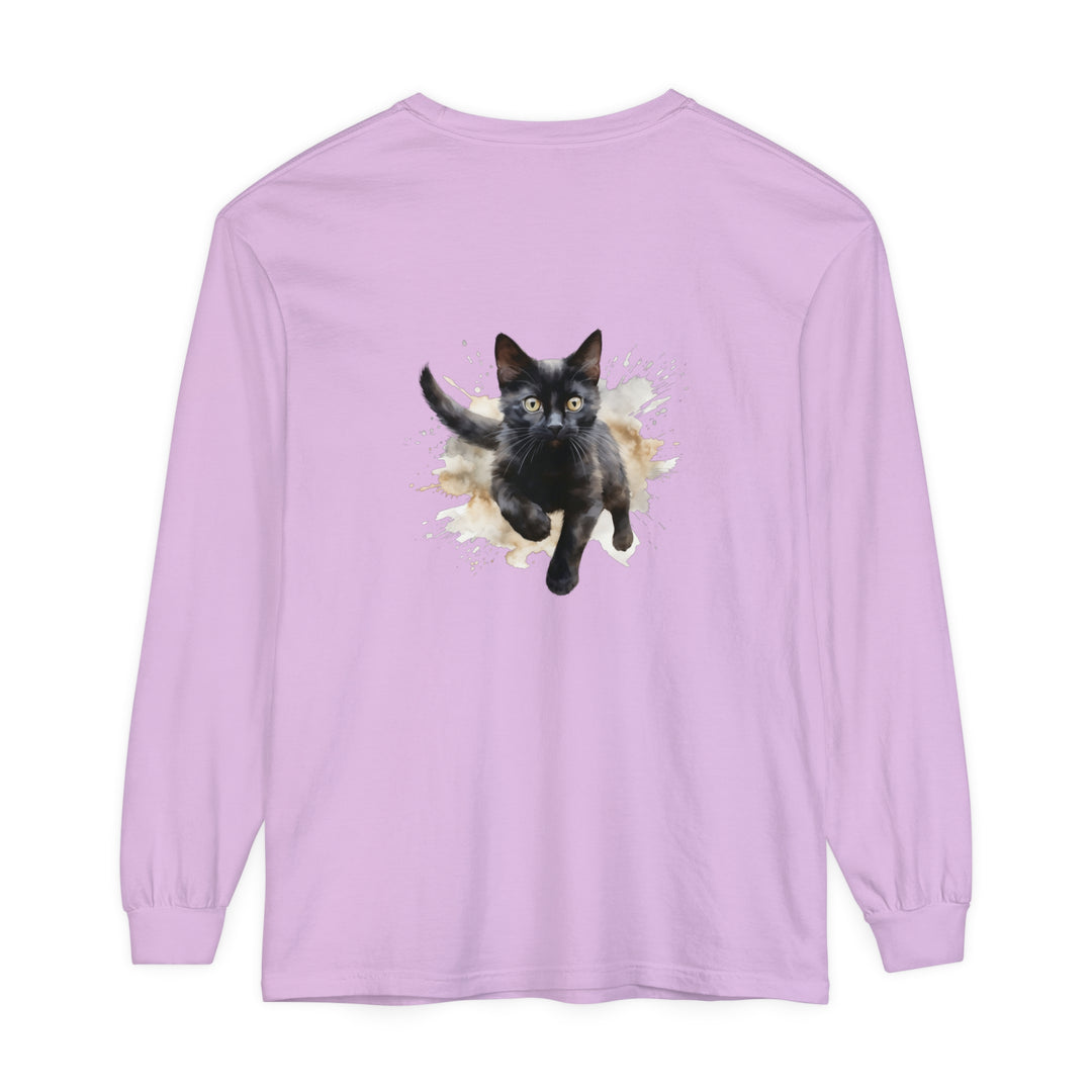 Black Cat Watercolor Splash T-Shirt with vibrant colors and playful cat design