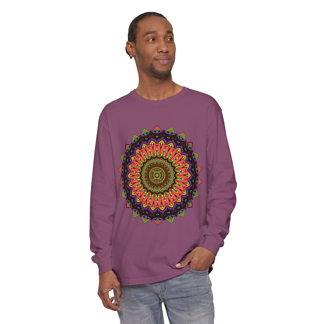 Colorful long sleeve t-shirt featuring an intricate mandala design in vibrant colors