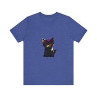Neon Black Cat Mystery T-Shirt featuring a vibrant design of a curious black cat with glowing neon accents, perfect for cat lovers and fans of mysterious fashion