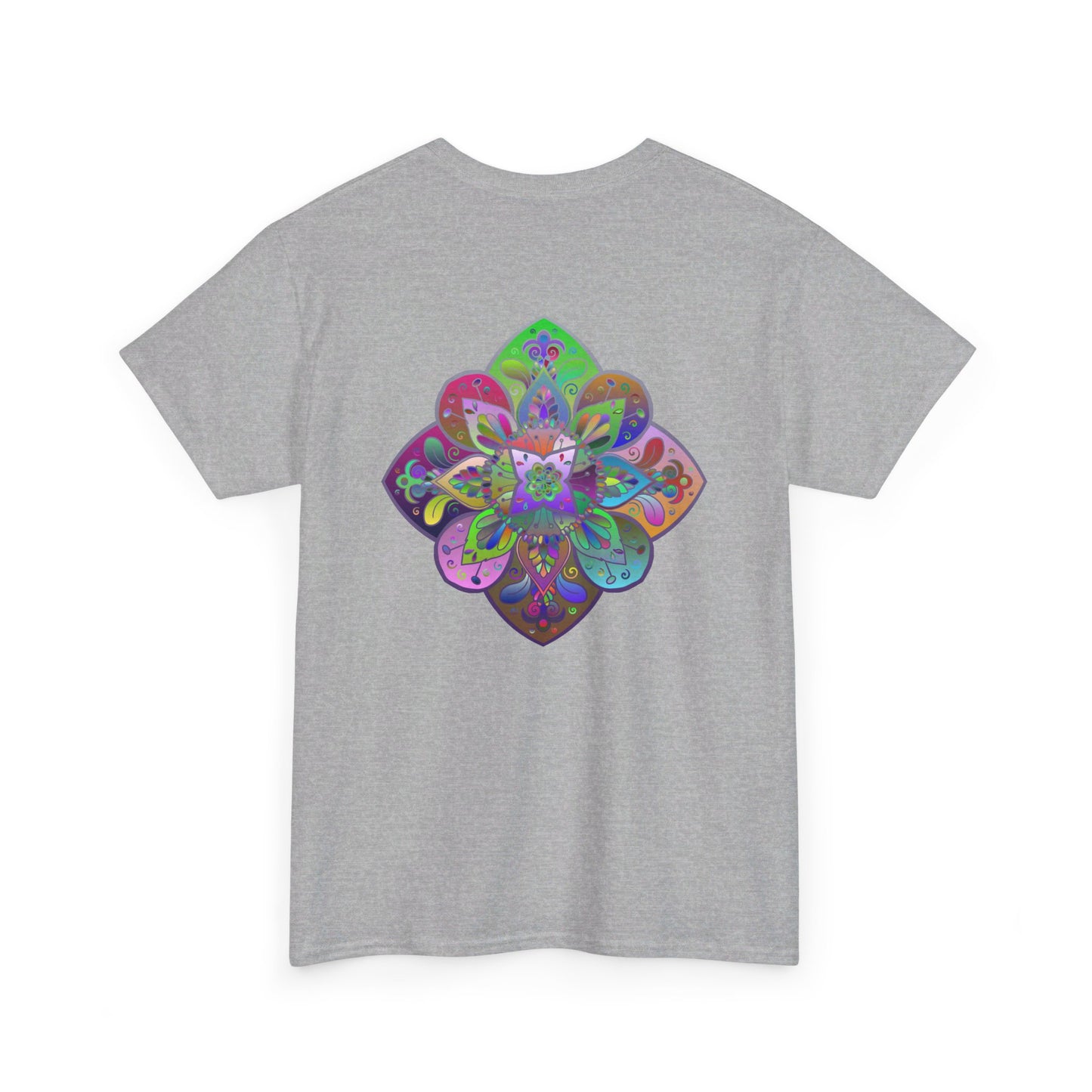 Colorful mandala art design printed on a comfortable unisex heavy cotton t-shirt for yoga and mindfulness enthusiasts