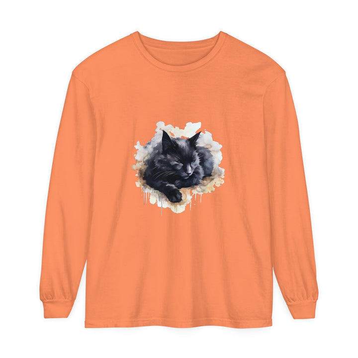 A beautiful watercolor illustration of a black cat sleeping peacefully on a t-shirt