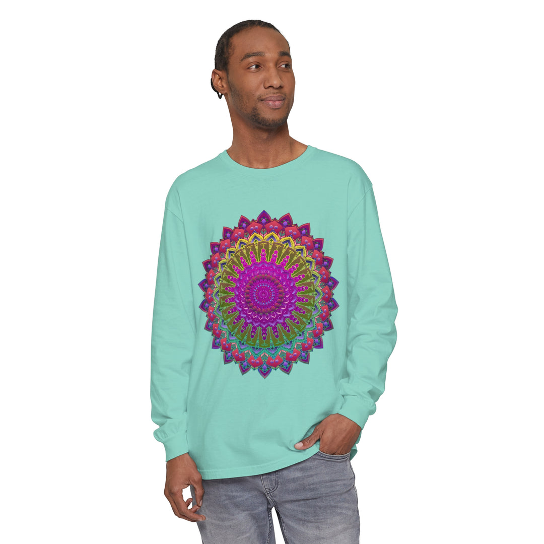 Person Standing Out in Vibrant Mandala Unisex Long Sleeve T-Shirt at Event