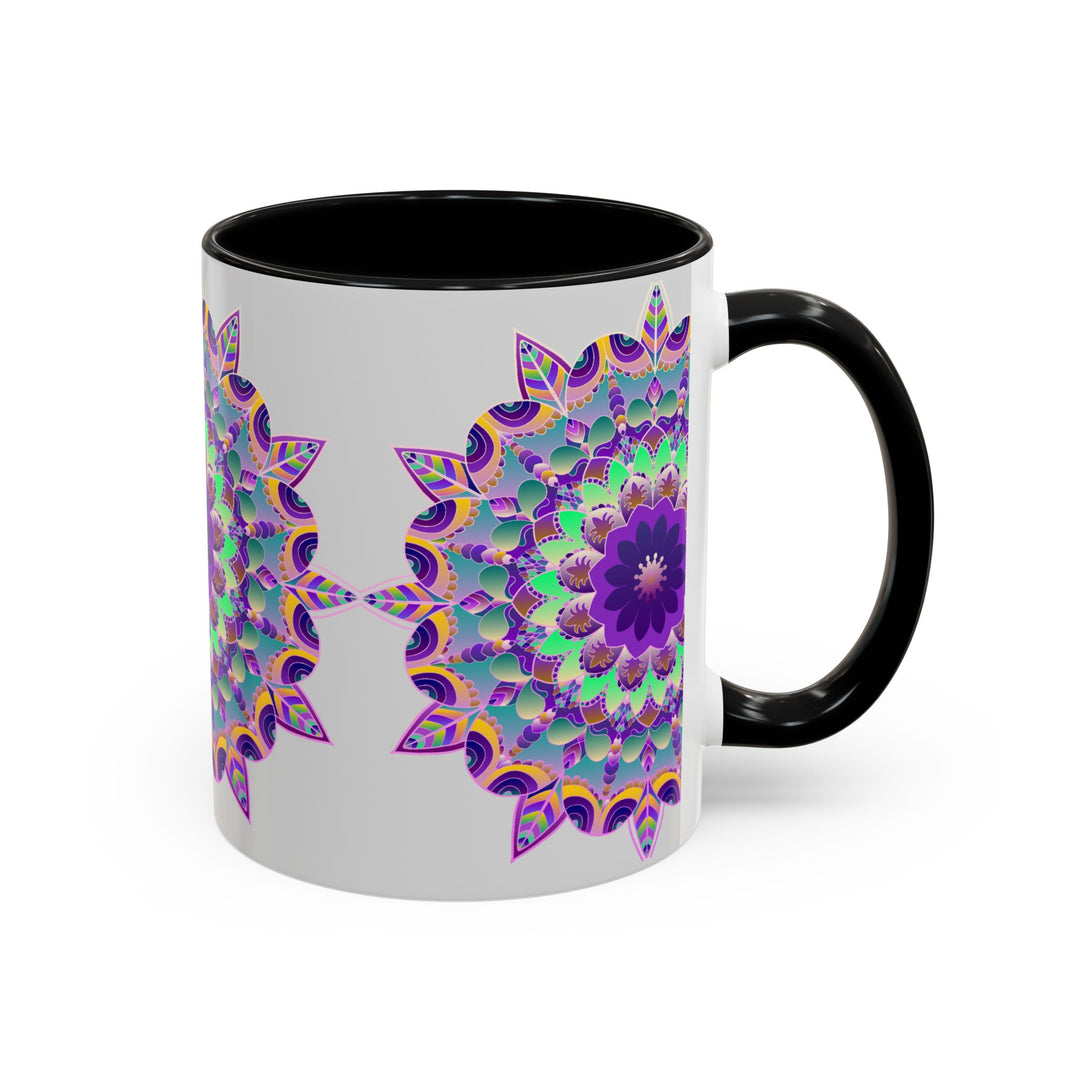 Vibrant Mandala Art Mug in Light Grey with intricate and colorful design, perfect for a relaxing morning coffee or tea