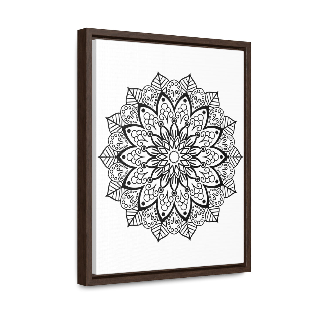 Handmade mandala art in black and white, displayed on gallery canvas wraps in a vertical frame