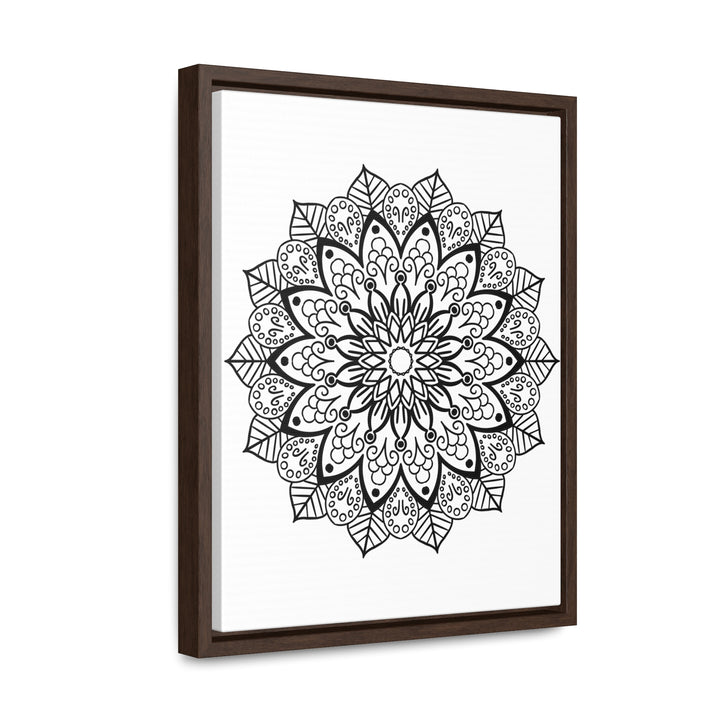 Handmade mandala art in black and white, displayed on gallery canvas wraps in a vertical frame