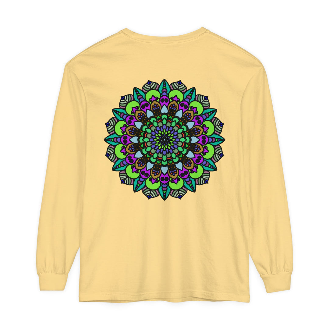 Colorful and intricate design featuring a psychedelic mandala on unisex long sleeve t-shirt