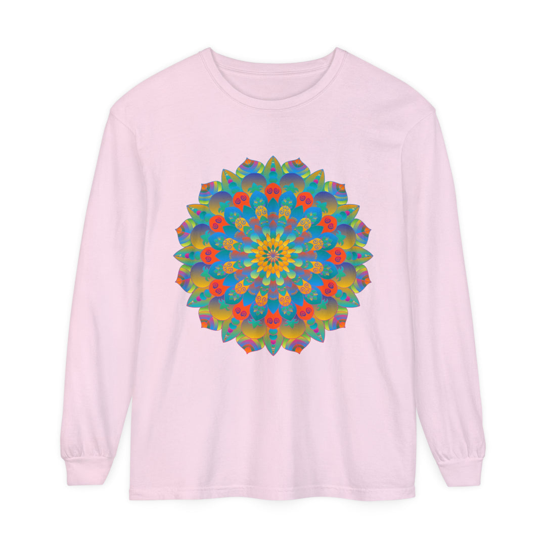 Vibrant Mandala Long Sleeve T-Shirt - Unisex, featuring a colorful, intricate mandala design on a comfortable, stylish long sleeve shirt