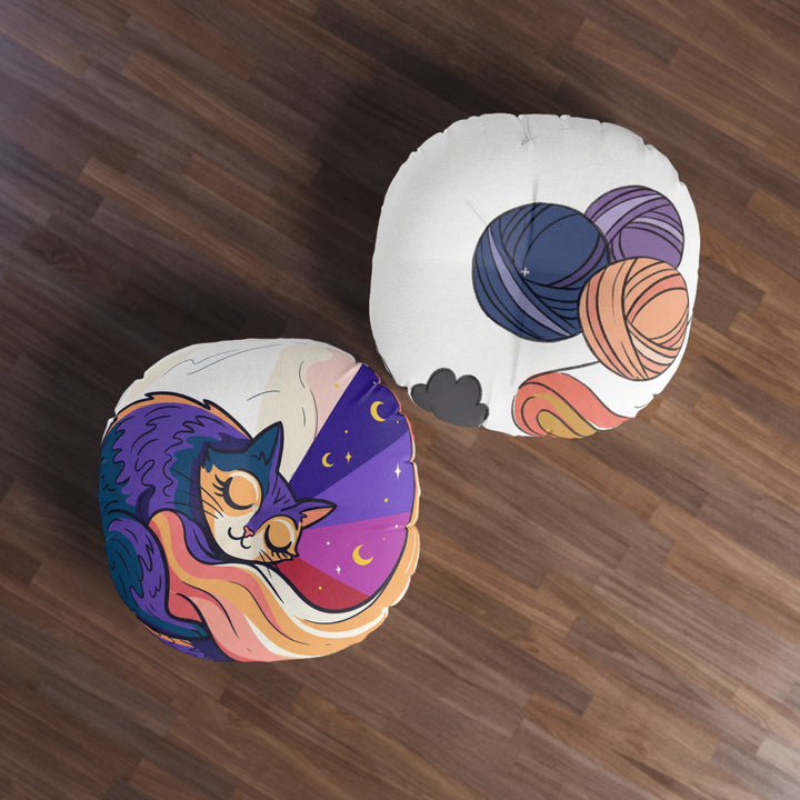Surreal Cozy Cat Floor Pillow — Dreamy Round Cushion