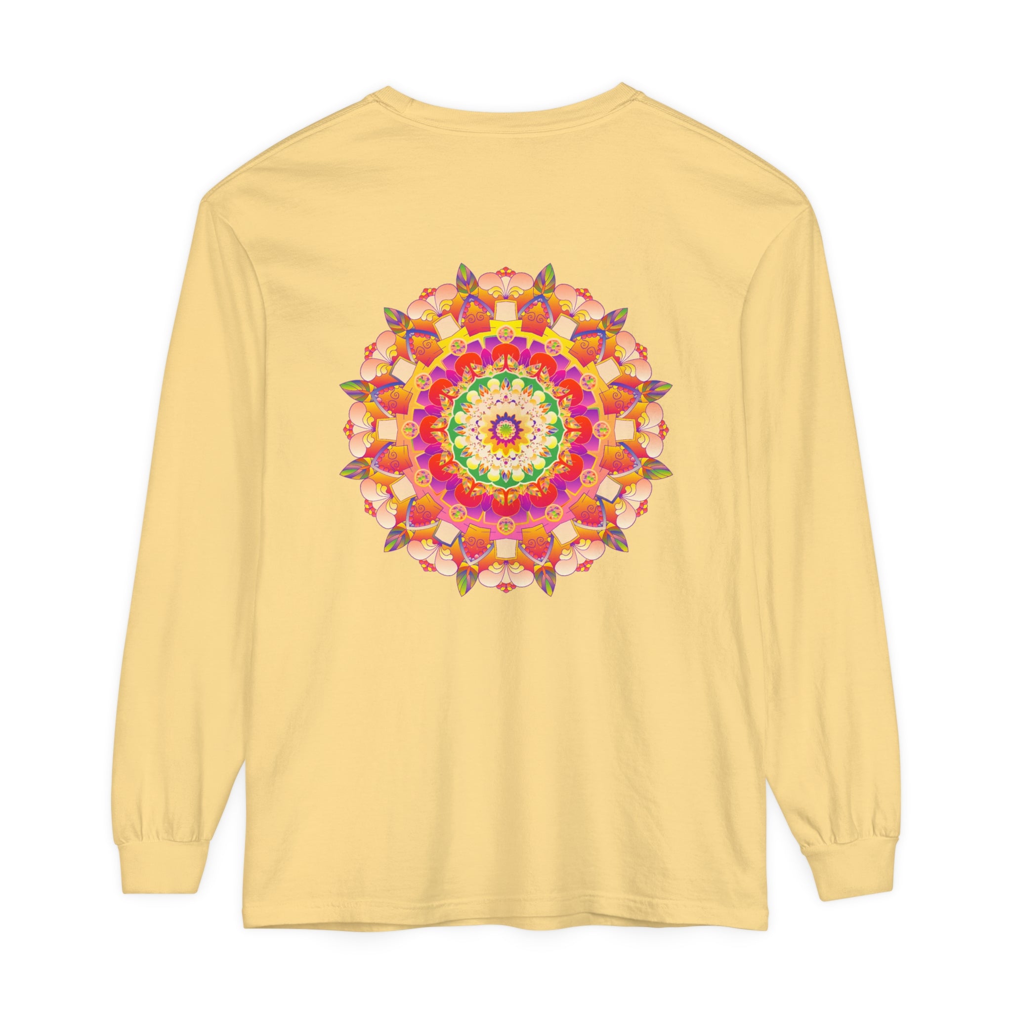 Colorful and intricate mandala design on a unisex long sleeve t-shirt