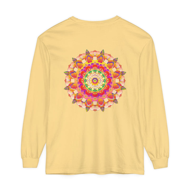 Colorful and intricate mandala design on a unisex long sleeve t-shirt