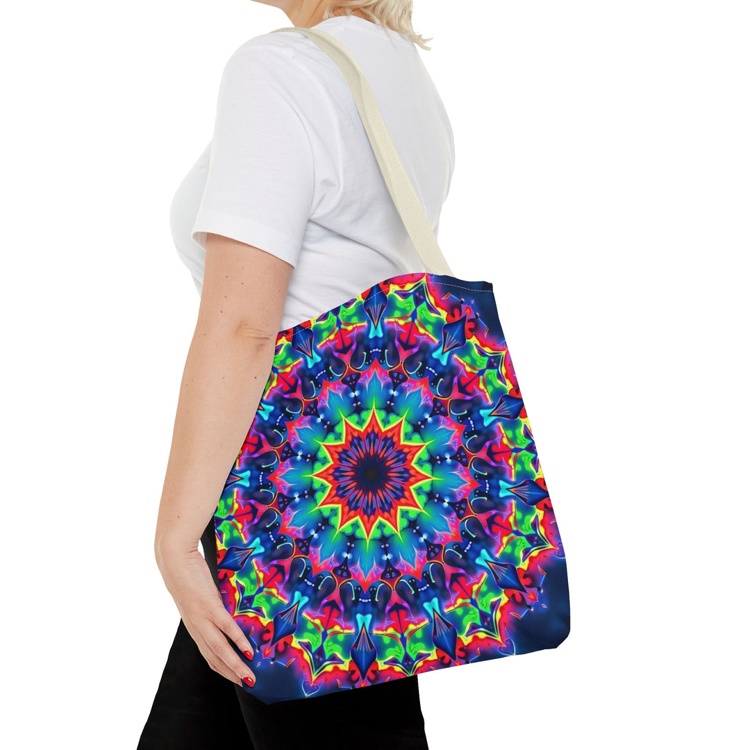 Colorful and intricate psychedelic mandala design tote bag for bohemian fashion lovers