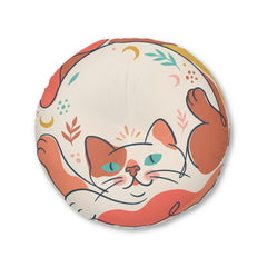 Round Tufted Floor Pillow — Boho Cat Illustration