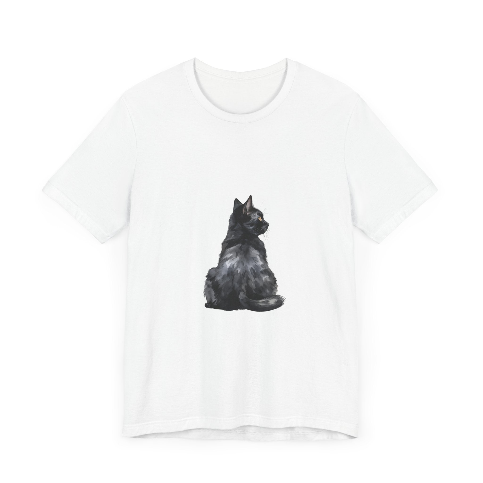 A black t-shirt with a mystical and enchanting illustration of a cat