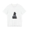 A black t-shirt with a mystical and enchanting illustration of a cat