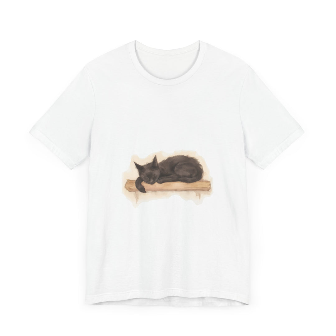 A close-up of a watercolor-style black cat sleeping on a t-shirt