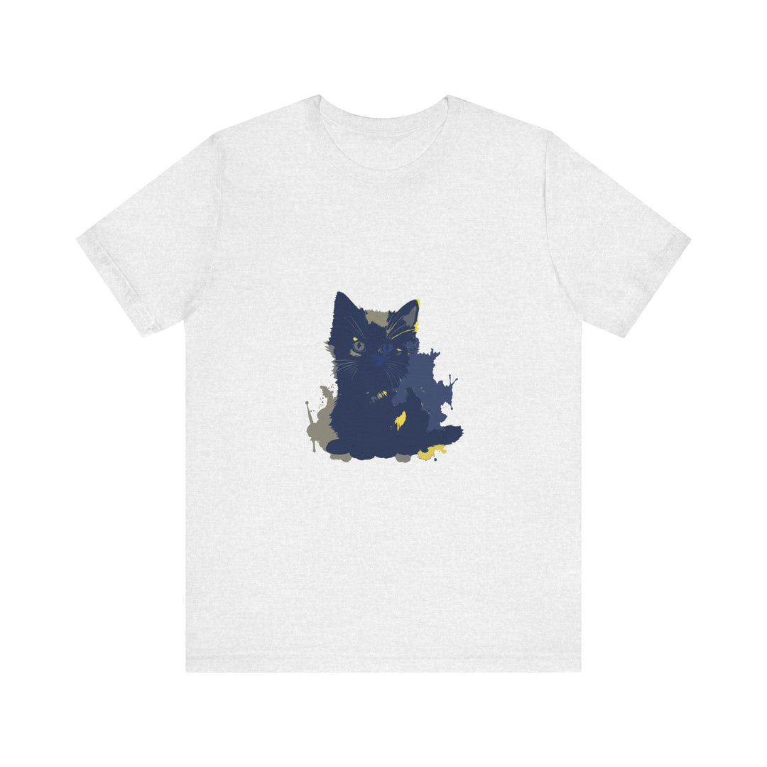 Close up of a midnight blue t-shirt with a mysterious cat silhouette design in the moonlight