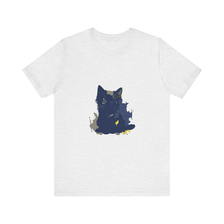 Close up of a midnight blue t-shirt with a mysterious cat silhouette design in the moonlight