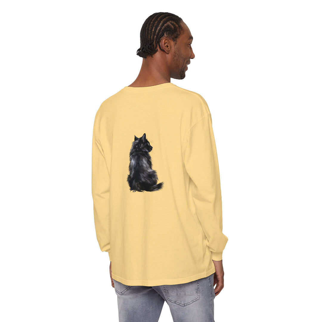 Black Cat Mystique Long Sleeve T-Shirt with intricate cat design in black and white, perfect for cat lovers and Halloween enthusiasts