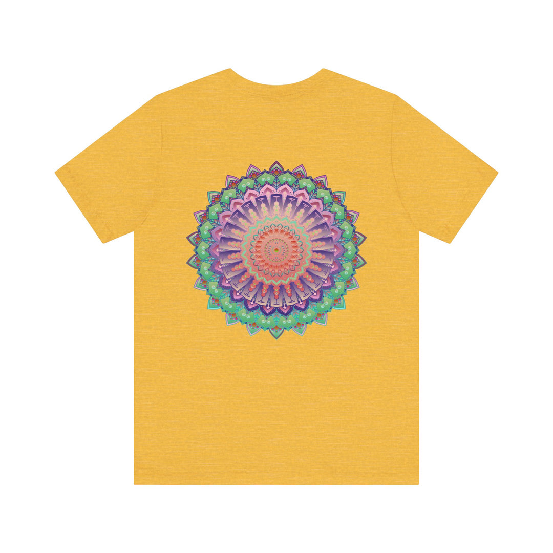 Colorful mandala tee with intricate spiritual design promoting peace and harmony