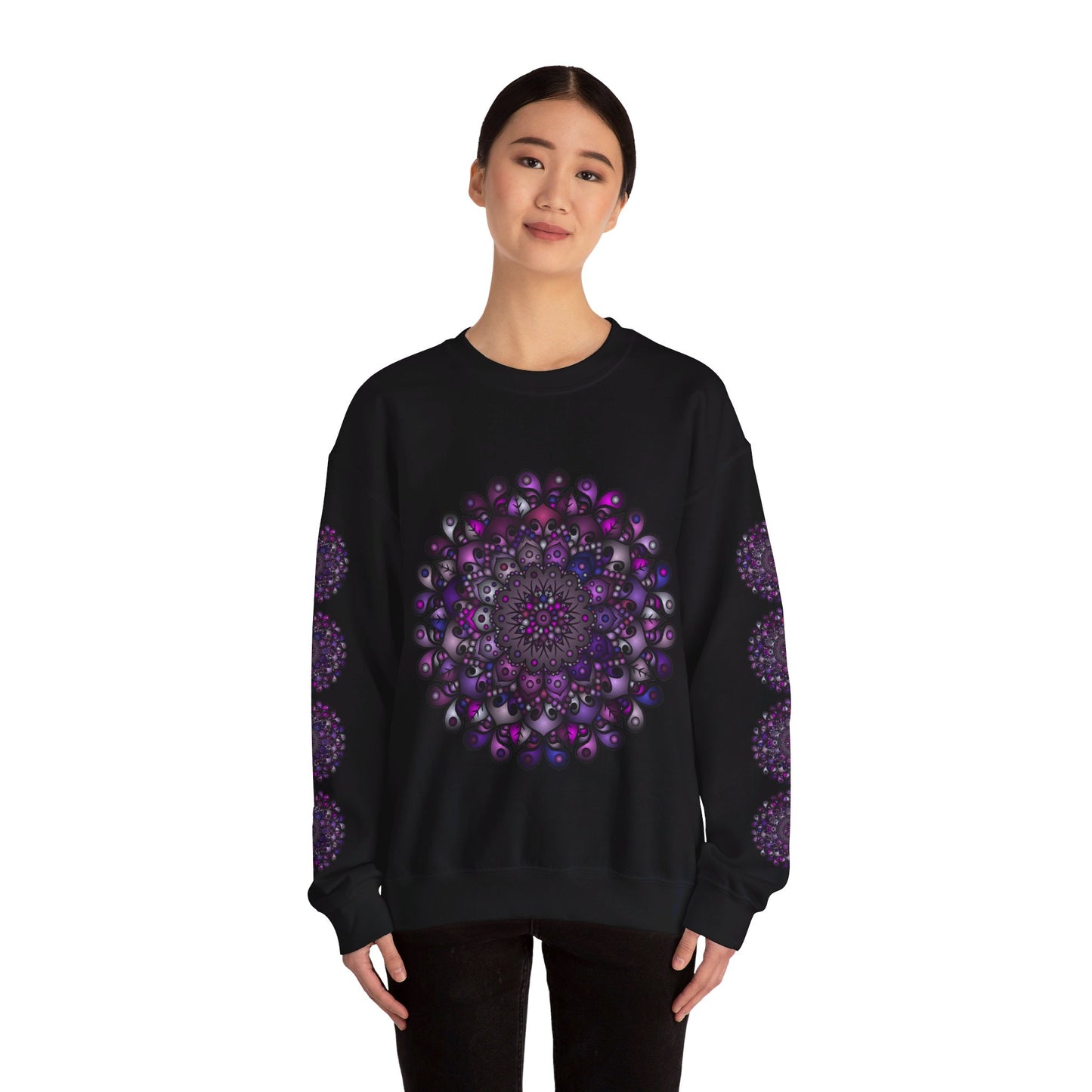 A comfortable unisex Heavy Blend™ Crewneck Sweatshirt featuring a vibrant purple mandala design