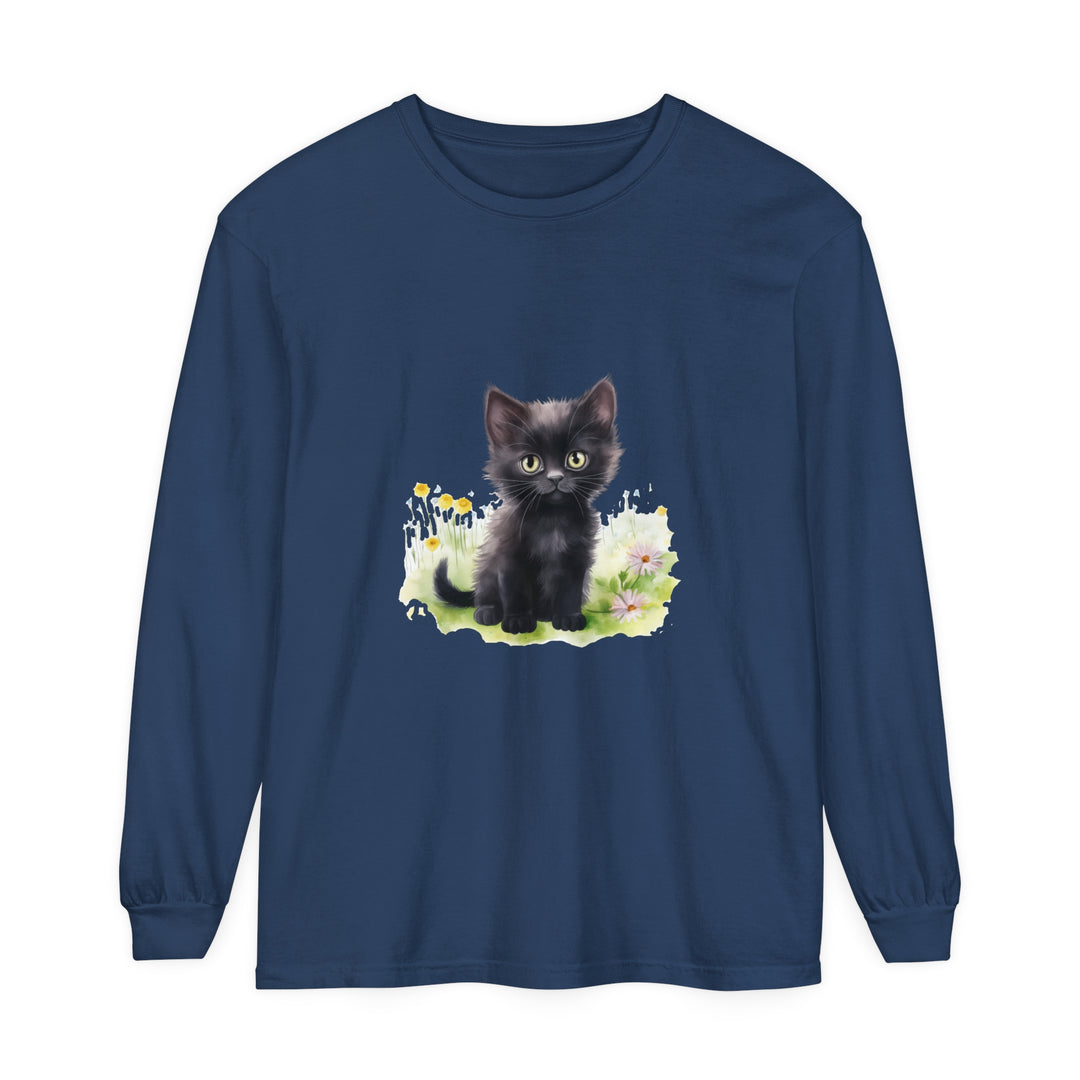 Adorable black kitten sitting in a colorful flower garden, printed on a long sleeve t-shirt