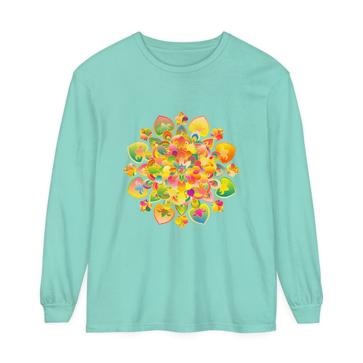 Colorful and intricate Psychedelic Mandala Long Sleeve T-Shirt design on black fabric