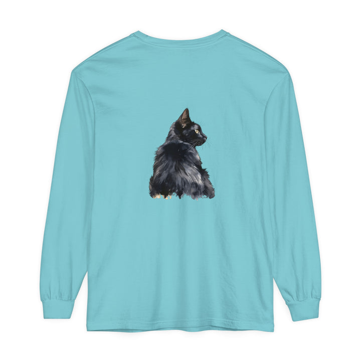 Black Cat Watercolor Long Sleeve T-Shirt featuring a vibrant watercolor design of a black cat on a comfortable long sleeve shirt