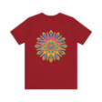 Colorful psychedelic mandala t-shirt with spiritual peace symbol design