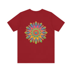 Colorful psychedelic mandala t-shirt with spiritual peace symbol design