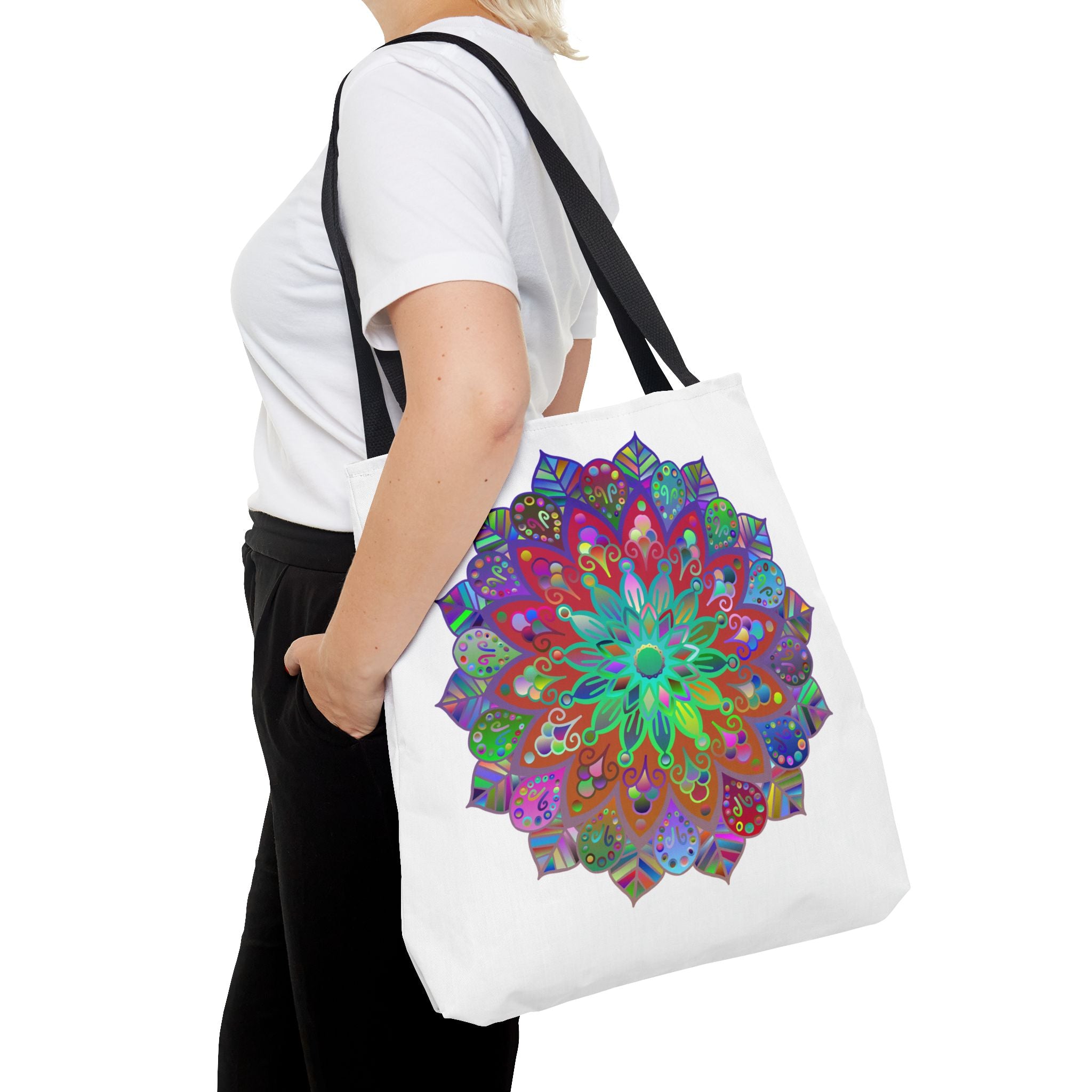 Vibrant and intricate mandala design tote bag with colorful pattern