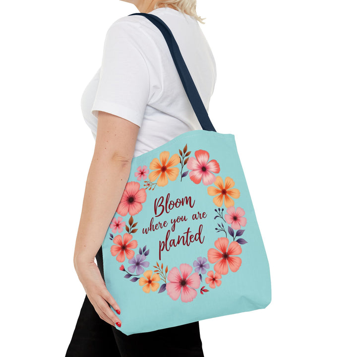 Floral tote bag featuring 'Bloom Where You Are Planted' design in three sizes, perfect for carrying all your essentials in style