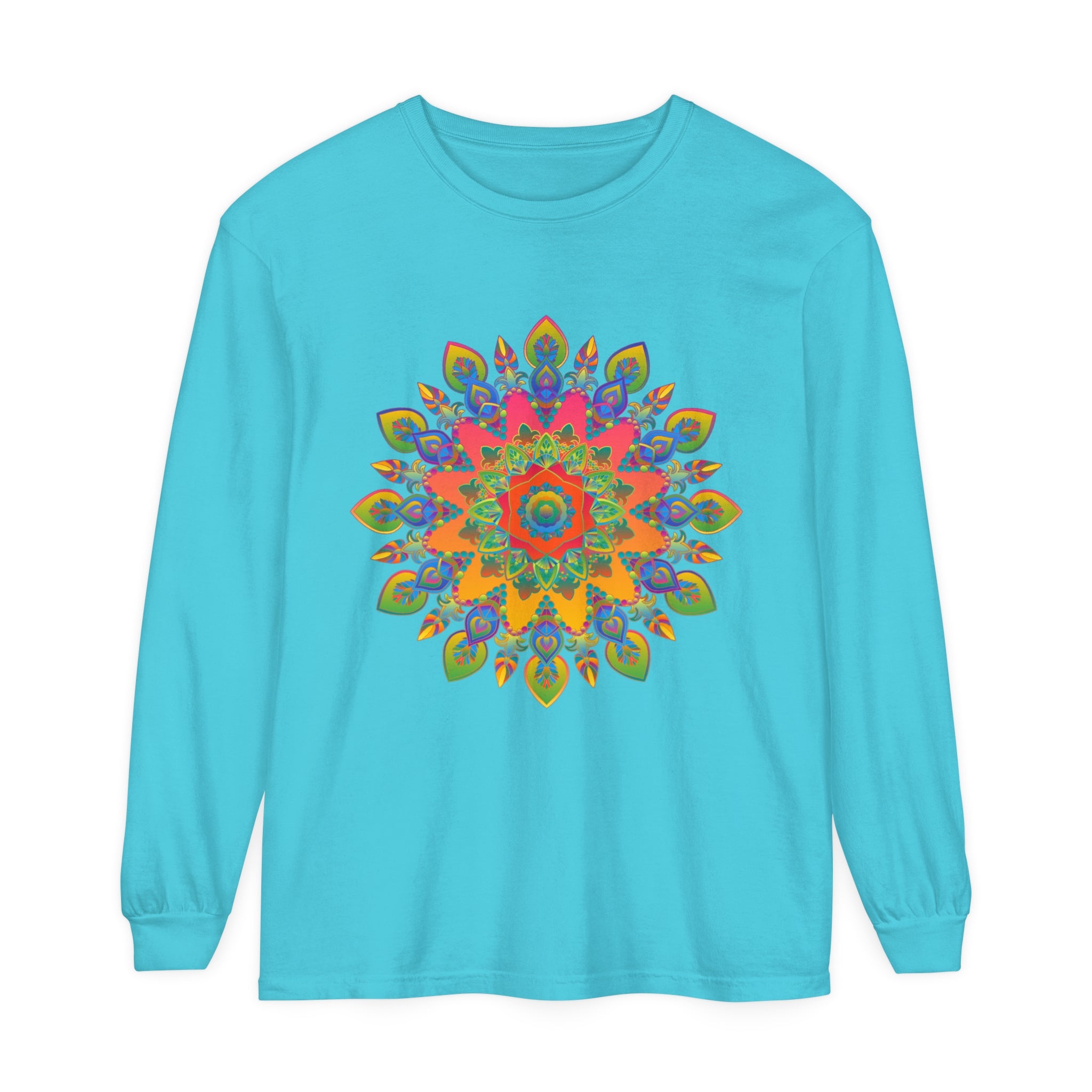 Colorful and intricate mandala design printed on a unisex long sleeve t-shirt