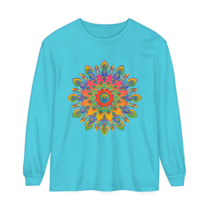 Colorful and intricate mandala design printed on a unisex long sleeve t-shirt