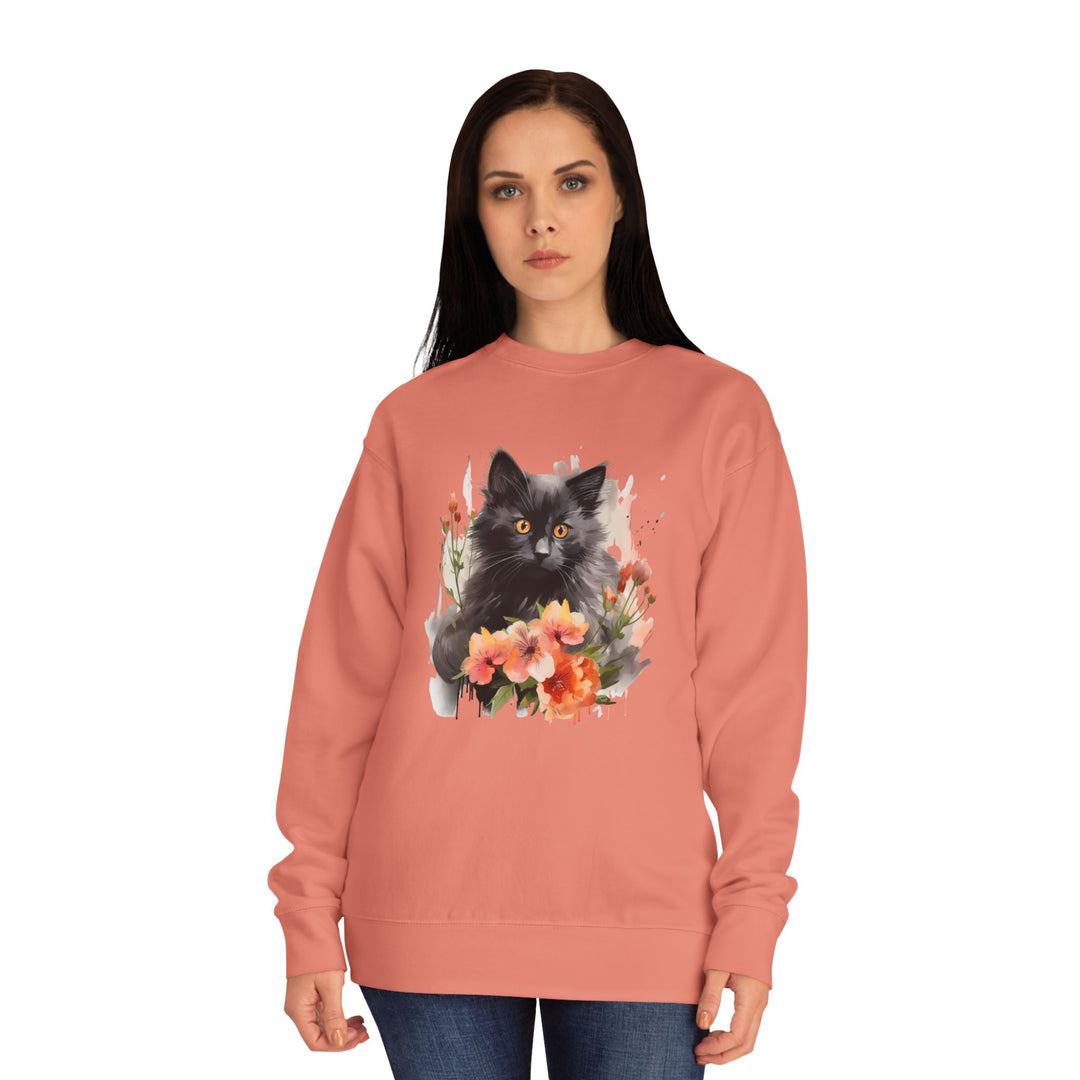 Black Cat and Blossoming Flowers Soft Cotton Sweatshirt