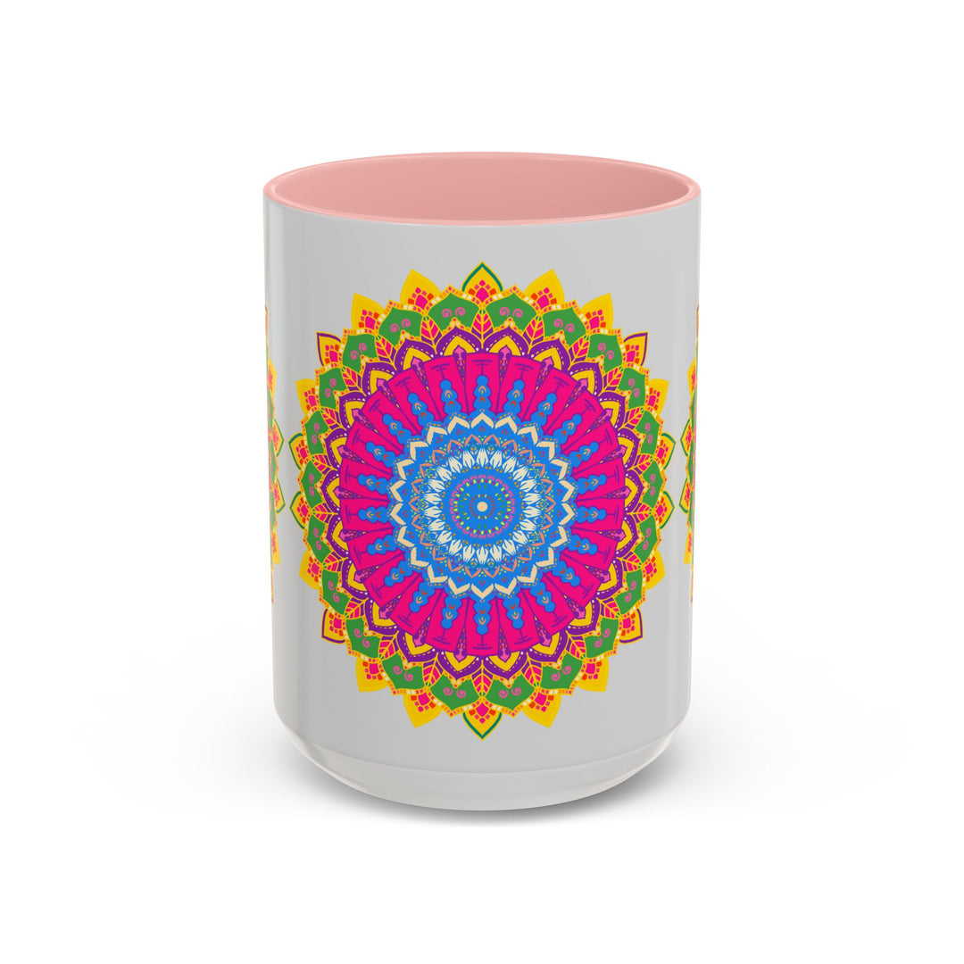 Colorful geometric design mandala art mug with intricate patterns and vibrant colors