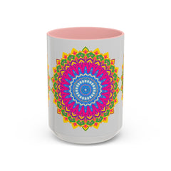 Colorful geometric design mandala art mug with intricate patterns and vibrant colors