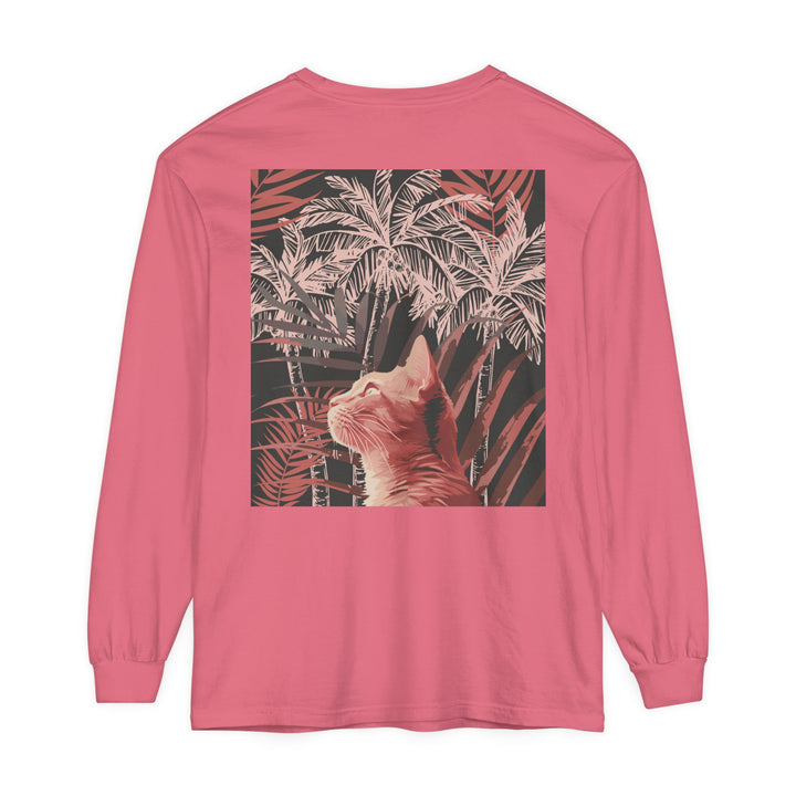 Adorable ginger cat and palm tree graphic on white t-shirt