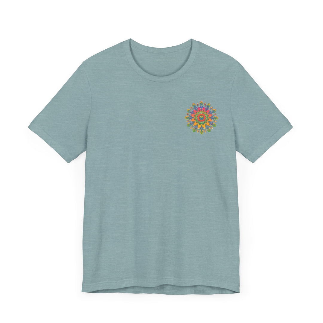 Colorful psychedelic mandala t-shirt with spiritual peace design, perfect for meditation and mindfulness practices