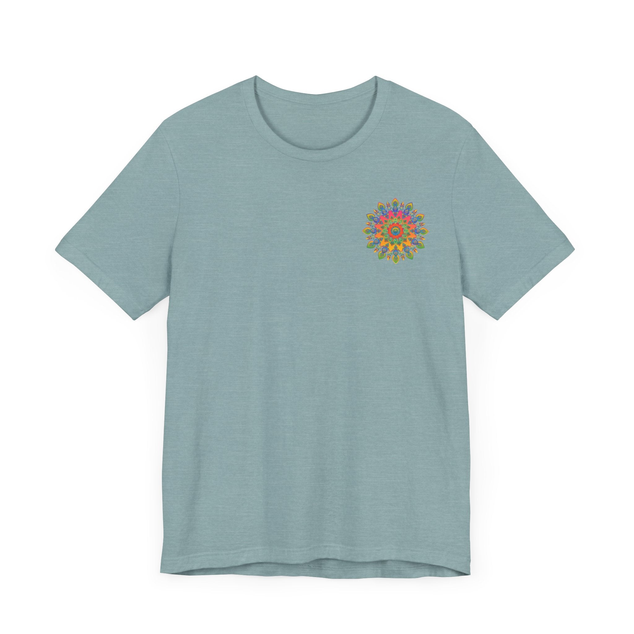 Colorful psychedelic mandala t-shirt with spiritual peace design, perfect for meditation and mindfulness practices