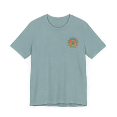Colorful psychedelic mandala t-shirt with spiritual peace design, perfect for meditation and mindfulness practices