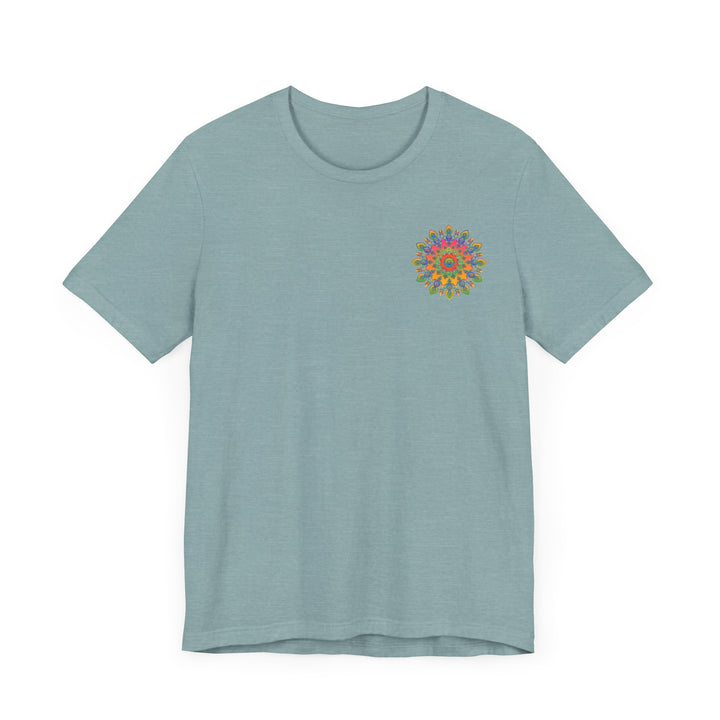 Colorful psychedelic mandala t-shirt with spiritual peace design, perfect for meditation and mindfulness practices